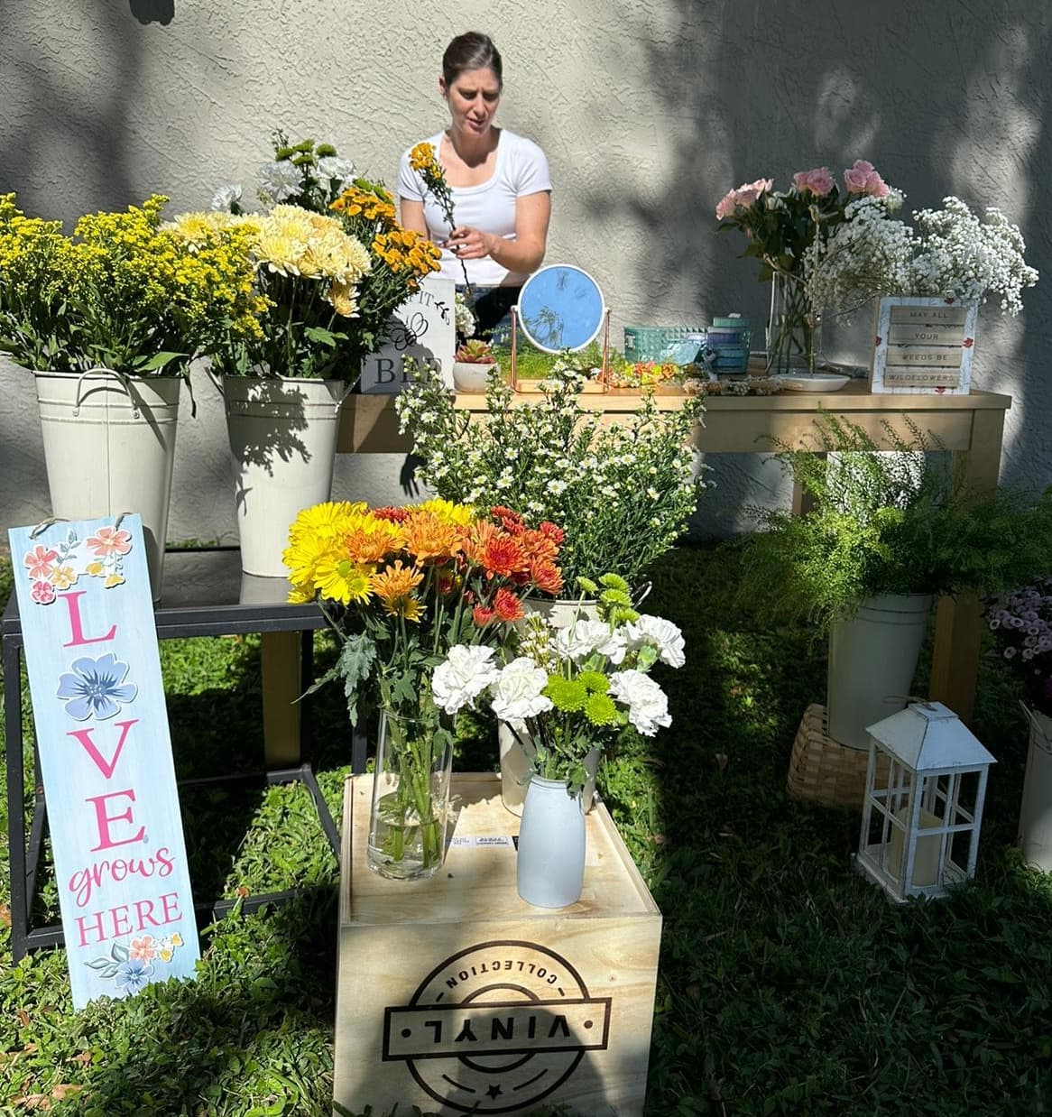 Floral station setup with seasonal blooms